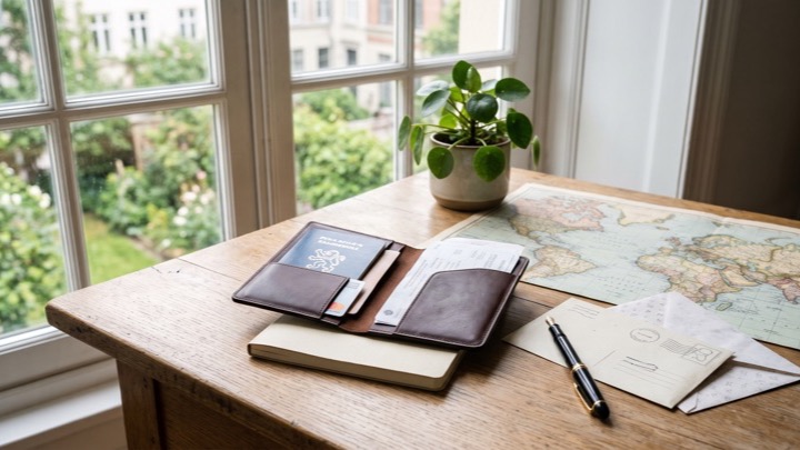 Porte-documents de voyage et carte du monde sur un bureau