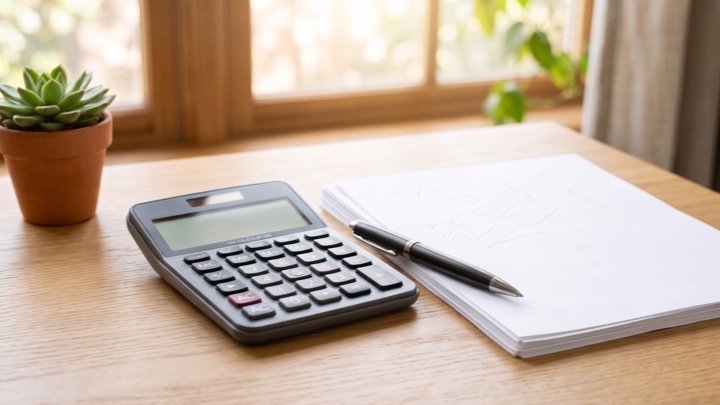 Calculatrice et documents sur un bureau