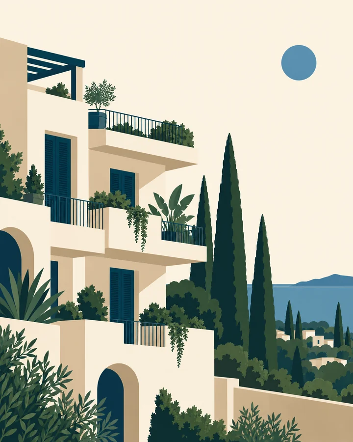 Illustration : immeuble méditerranéen à balcons, cyprès et mer