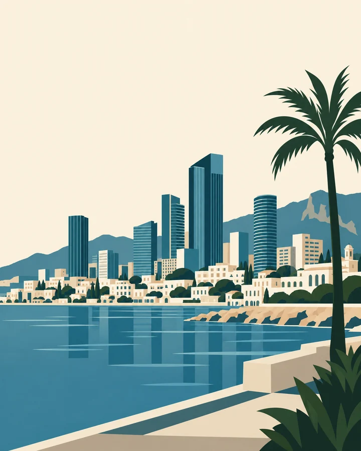 Illustration : front de mer méditerranéen et tours de bureaux